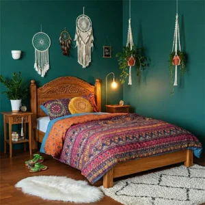 Desain interior kamar tidur bohemian remaja dengan warna emerald