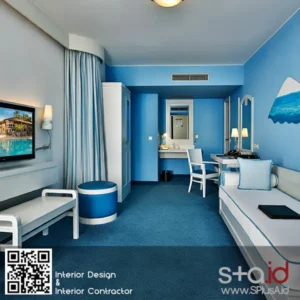 Kamar hotel dengan kombinasi warna biru dan putih yang segar dan menenangkan-interior design jakarta SPlusA.id