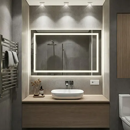 Kamar mandi dengan lampu LED cermin dan lampu LED downlight-interior splusa.id Kamar mandi dengan lampu LED cermin dan lampu LED downlight-interior splusa.id