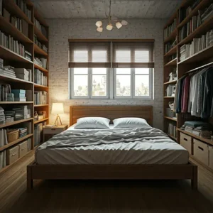 Kamar tidur yang penuh dengan barang-barang berantakan di atas tempat tidur, lantai, dan meja samping tempat tidur. Pakaian, buku, dan barang-barang lainnya berserakan di seluruh ruangan-interior splusa.id