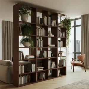 Partisi ruang multifungsi dengan rak dan tanaman-interior splusa.id