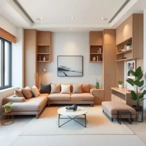 Ruang Tamu Minimalis dengan Built-in Furniture-desain dan kontraktor interior di palu (SPLusA.id)