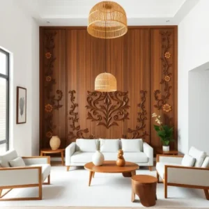 Ruang Tamu Minimalis dengan Ukiran Kayu -kontraktor interior Jakarta splusa.id