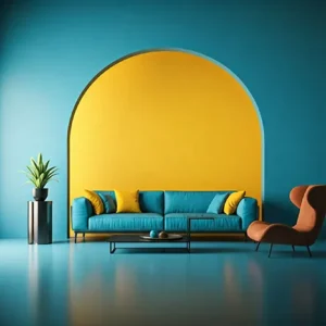 Ruang keluarga dengan desain modern dan kombinasi warna biru dan kuning-interior splusa.id