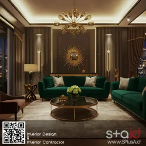 Ruang tamu Art Deco di Jakarta, sofa beludru hijau emerald, meja kopi emas, cermin matahari-jasa desain interior jakarta SPlusA.id