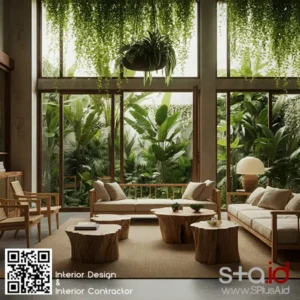 Ruang tamu biophilic dengan tanaman hijau besar dan pencahayaan alami, desain interior Jakarta-SPlusA.id