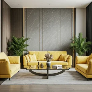 Ruang tamu dengan dinding aksen marmer dan sofa berwarna kuning-interior splusa.id