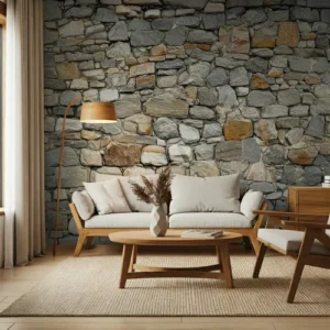 Ruang tamu dengan dinding batu alam dan furnitur kayu-Kontraktor Interior Jakarta SPLusA.id