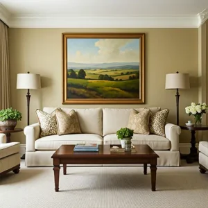 Ruang tamu dengan nuansa warna earth tone dan focal point berupa lukisan pemandangan-interior splusa.id