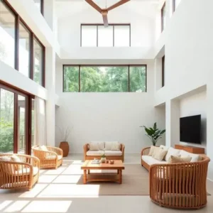 Ruang tamu minimalis di Kalimantan dengan langit-langit tinggi dan jendela besar, memanfaatkan pencahayaan alami, serta furnitur rotan berwarna netral-desain dan kontraktor interior di kaliman