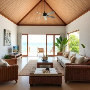 Ruang tamu minimalis di villa tepi pantai di Bunaken, Sulawesi Utara, dengan furnitur rotan dan dekorasi kerang-desain dan kontraktor interior di sulawesi(SPLusA.id)