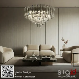 Ruang tamu minimalis modern dengan aksen luxury, desain elegan marmer dan lampu gantung kristal, interior Jakarta