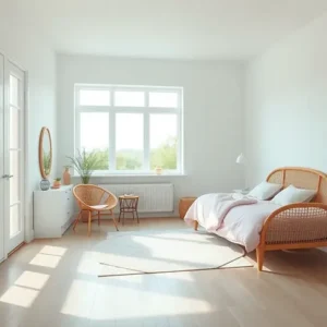 Desain kamar tidur Skandinavia yang menekankan pencahayaan alami, dengan jendela besar, dinding berwarna putih, lantai kayu, dan furnitur dengan aksen warna pastel-interior splusa.id