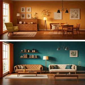 Dua ruangan, satu dengan dominasi warna hangat dan satu dengan dominasi warna dingin-interior splusa.id