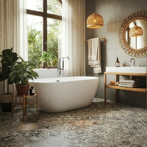 Kamar mandi bohemian dengan bathtub-kontraktor interior jakarta splusa.id Kamar mandi bohemian dengan bathtub-kontraktor interior jakarta splusa.id
