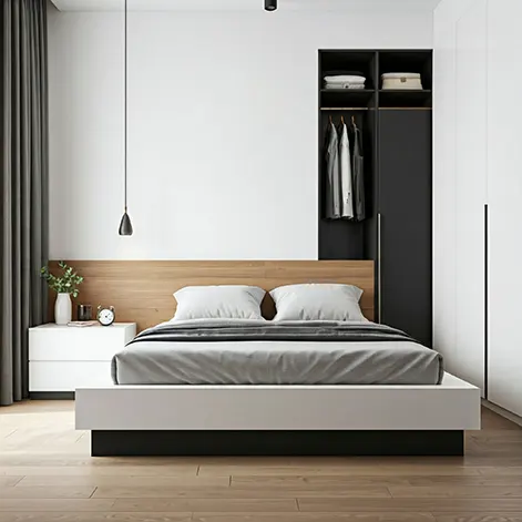 Kamar tidur type 36 dengan warna cat dinding putih dan sprei berwarna pastel-interior splusa.id Kamar tidur type 36 dengan warna cat dinding putih dan sprei berwarna pastel-interior splusa.id