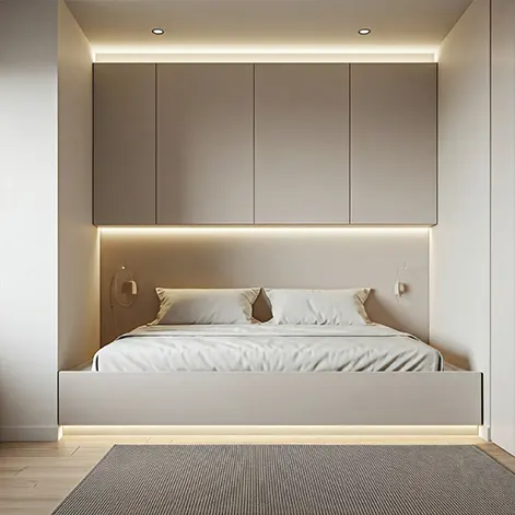 Kamar tidur type 36 minimalis dengan sentuhan warna pastel pada sprei dan bantal-interior splusa.id Kamar tidur type 36 minimalis dengan sentuhan warna pastel pada sprei dan bantal-interior splusa.id