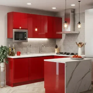 Kitchen set merah glossy sebagai focal point di dapur modern-splusa.id