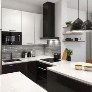 Kitchen set minimalis dengan warna putih dan countertop hitam-kontraktor interior splusa.id