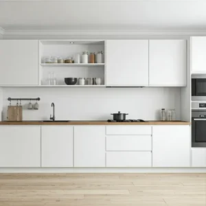 Kitchen set modern minimalis dengan lemari built-in dan rak dinding-interior splusa.id