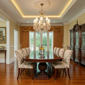 Lampu gantung kristal di ruang makan klasik-kontraktor interior Jakarta splusa.id