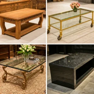 Meja kopi dari berbagai material (kayu, kaca, logam, batu alam)-kontraktor interior Jakarta splusa.id