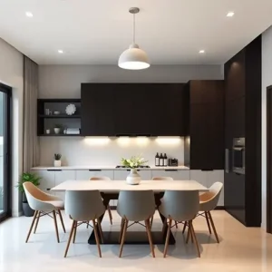 Pencahayaan dapur modern dengan jendela besar dan lampu fokus di bawah lemari-kontraktor interior Jakarta splusa.id