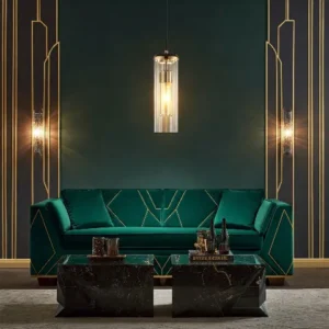 Ruang tamu Art Deco dengan sofa beludru hijau zamrud dan meja kopi marmer-kontraktor interior jakarta splusa.id