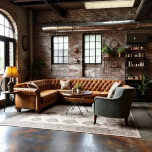 Ruang tamu industrial dengan sofa kulit vintage berwarna coklat tua, meja kopi dari kayu bekas, lampu gantung dengan kap lampu besi, dan karpet vintage-Desain Interior Rumah Industrial splusa.id