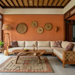 Ruang tamu kontemporer di Kalimantan dengan palet warna earth tone-interior splusa.id