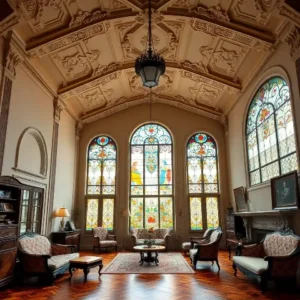 Ruang tamu vintage dengan plafon tinggi dan jendela besar-kontraktor interior jakarta splusa.id