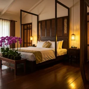 kamar tidur di Palembang dengan desain tradisional dan tanaman hias anggrek dan kemboja-kontraktor interior Jakarta splusa.id