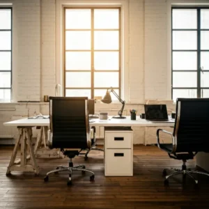 ruang kerja industrial minimalis dengan meja kerja putih dan kursi kantor hitam-kontraktor interior Jakarta splusa.id