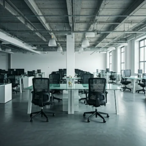 ruang kerja industrial modern dengan meja kerja kaca dan kursi kantor ergonomis-kontraktor interior Jakarta splusa.id ruang kerja industrial modern dengan meja kerja kaca dan kursi kantor ergonomis-kontraktor interior Jakarta splusa.id