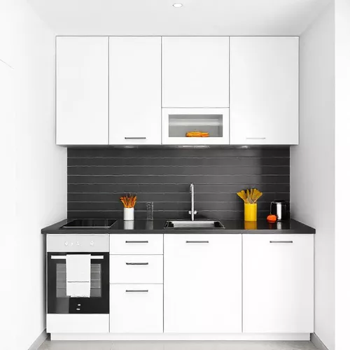 Dapur Mungil Minimalis Monokrom dengan Aksen Warna Terang-kontraktor interior splusa.id Dapur Mungil Minimalis Monokrom dengan Aksen Warna Terang-kontraktor interior splusa.id