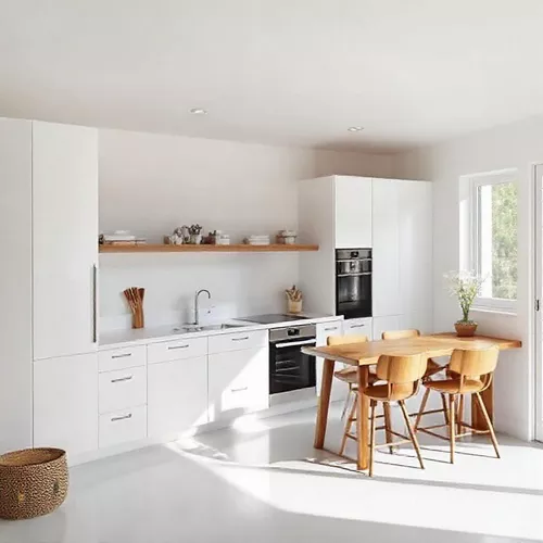 Dapur Mungil Minimalis Serba Putih dengan Aksen Kayu-kontraktor interior splusa.id Dapur Mungil Minimalis Serba Putih dengan Aksen Kayu-kontraktor interior splusa.id