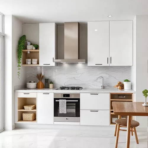 Dapur Mungil Minimalis Serba Putih dengan Backsplash Unik-kontraktor interior splusa.id Dapur Mungil Minimalis Serba Putih dengan Backsplash Unik-kontraktor interior splusa.id