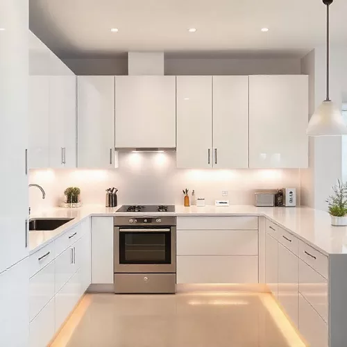 Dapur Mungil Minimalis Serba Putih dengan Pencahayaan Tersembunyi-kontraktor interior splusa.id Dapur Mungil Minimalis Serba Putih dengan Pencahayaan Tersembunyi-kontraktor interior splusa.id
