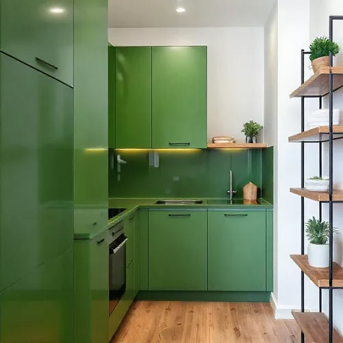 Dapur Mungil Minimalis dengan Aksen Warna Hijau dan Kayu-kontraktor interior splusa.id Dapur Mungil Minimalis dengan Aksen Warna Hijau dan Kayu-kontraktor interior splusa.id