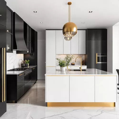 Dapur Mungil Minimalis dengan Aksen Warna Hitam dan Emas-kontraktor interior splusa.id Dapur Mungil Minimalis dengan Aksen Warna Hitam dan Emas-kontraktor interior splusa.id