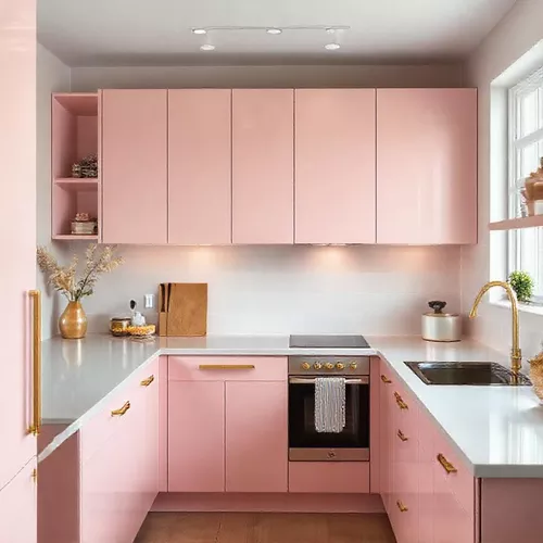 Dapur Mungil Minimalis dengan Aksen Warna Pink dan Emas-kontraktor interior splusa.id Dapur Mungil Minimalis dengan Aksen Warna Pink dan Emas-kontraktor interior splusa.id