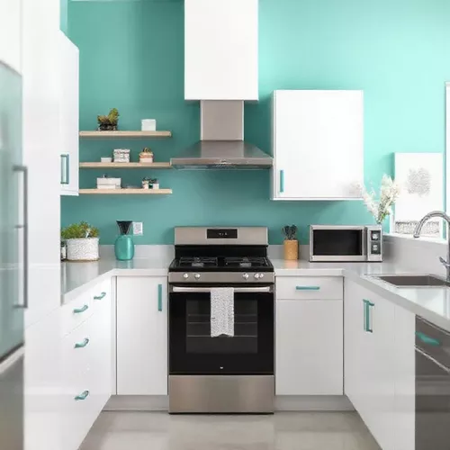 Dapur Mungil Minimalis dengan Aksen Warna Teal dan Putih-kontraktor interior splusa.id Dapur Mungil Minimalis dengan Aksen Warna Teal dan Putih-kontraktor interior splusa.id