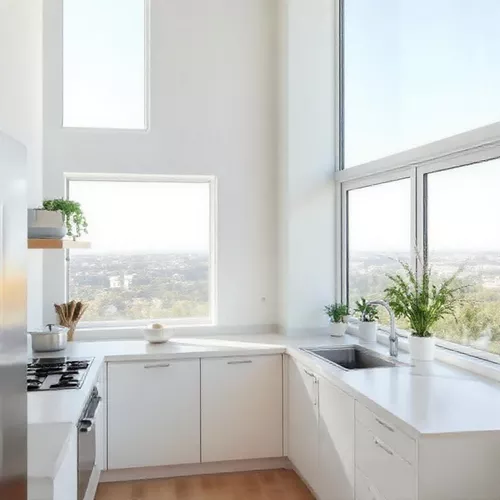 Dapur Mungil Minimalis dengan Jendela Besar-kontraktor interior splusa.id Dapur Mungil Minimalis dengan Jendela Besar-kontraktor interior splusa.id