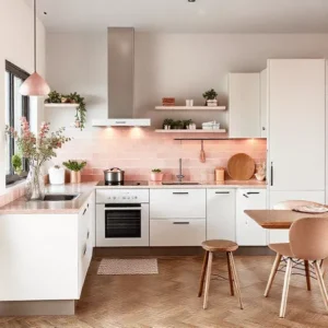Dapur mungil Skandinavia dengan aksen warna pastel-kontraktor interior splusa.id