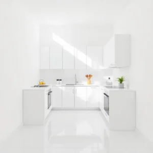 Dapur mungil dengan dominasi warna putih pada dinding, kitchen set, dan lantai, menciptakan kesan luas dan bersih-kontraktor interior splusa.id