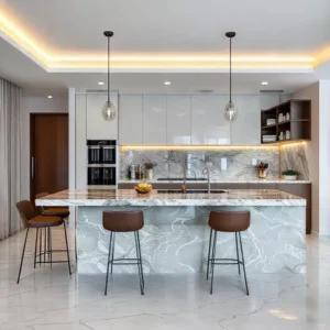 Dapur mungil dengan meja bar yang stylish-kontraktor interior splusa.id