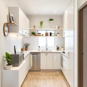 Dapur mungil dengan tata letak linear, memanfaatkan ruang vertikal dengan lemari gantung dan rak dinding, di apartemen di Jakarta-kontraktor interior splusa.id