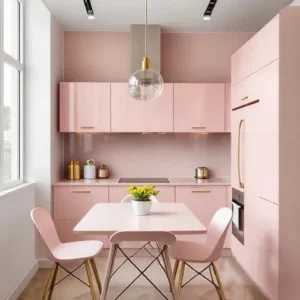 Dapur mungil dengan warna pink soft dan aksen gold-kontraktor interior splusa.id