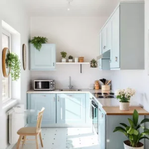 Dapur mungil dengan warna putih dan biru yang segar-kontraktor interior splusa.id