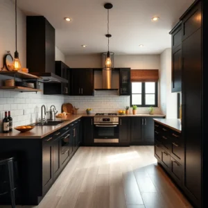 Dapur mungil industrial dengan dinding bata ekspos, kitchen set berwarna hitam, dan lampu gantung model Edison-interior splusa.id